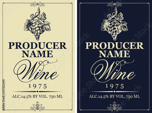 Set of two vector wine labels with hand-drawn bunch of grapes and calligraphic inscription in retro style.