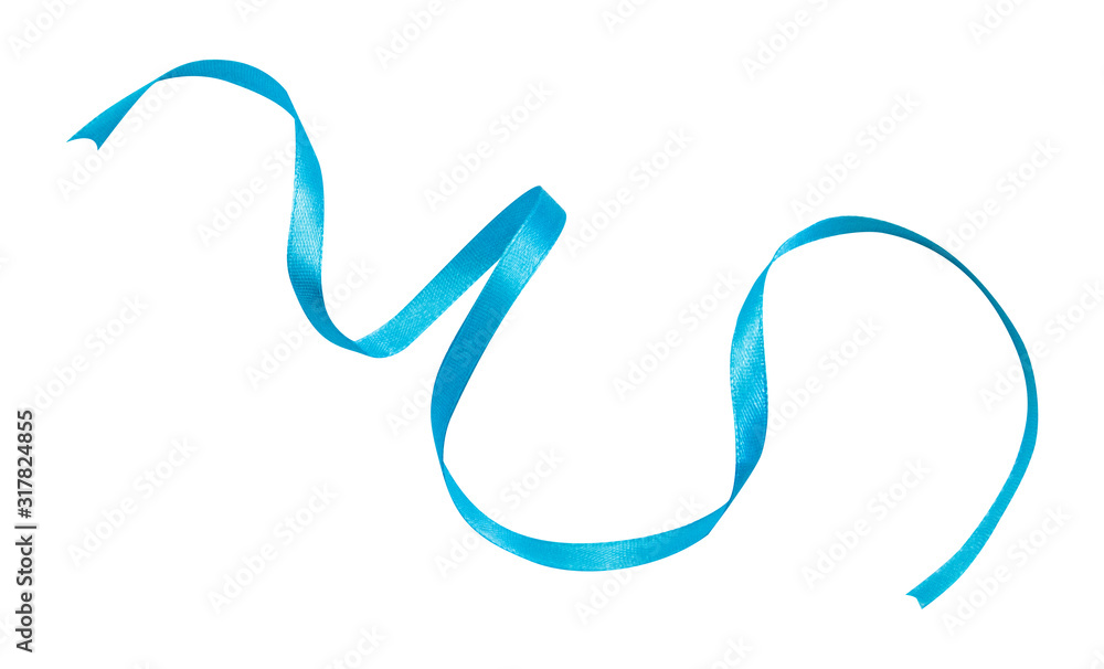 Blue ribbon curl isolated on white background. Blue bright bow and curl from silk ribbon isolated on white background
