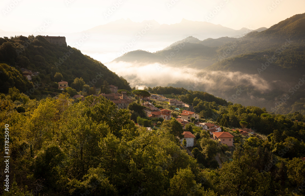 a view over Montale village (Podenzana) at sunrise, Province of Massa and Carrara, Tuscany, Italy