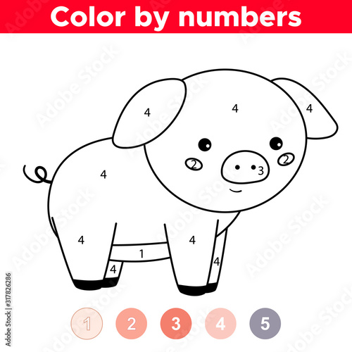 Coloring page with numbers. Cartoon kawaii character - funny pig. Farm animals. Educational game for preschool children.