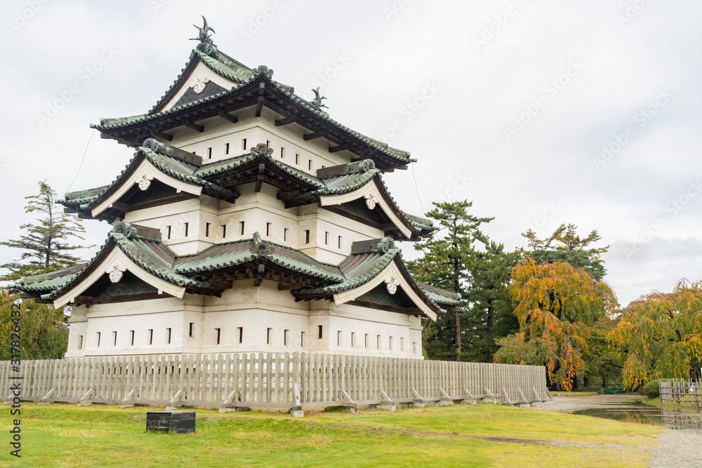 Exterior view of the Hirosaki Castle with beautiful fall color Exterior view of the Hirosaki Castle with beautiful fall color