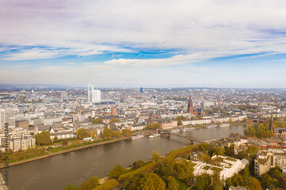 Frankfurt am Main Germany aerial view towards the city from the main river. 10.12.2019 Frankfurt am Main Germany. Frankfurt am Main Germany aerial view towards the city from the main river. 10.12.2019 Frankfurt am Main Germany.