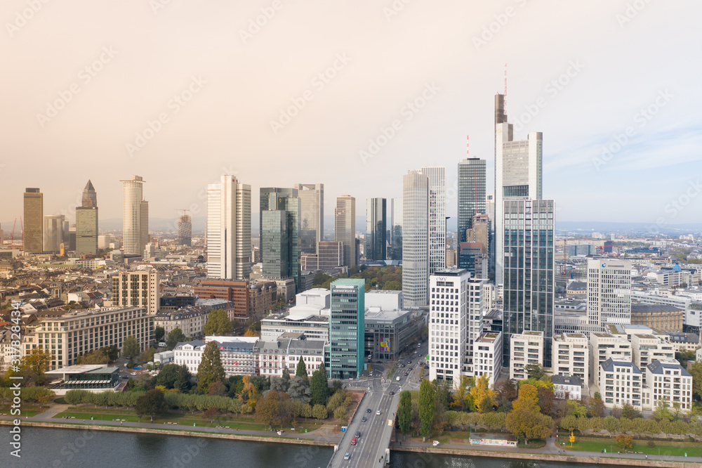 Frankfurt am Main Germany aerial view towards the city from the main river. 10.12.2019 Frankfurt am Main Germany. Frankfurt am Main Germany aerial view towards the city from the main river. 10.12.2019 Frankfurt am Main Germany.