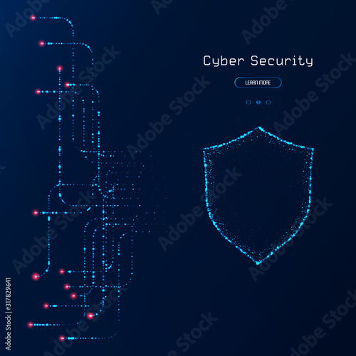 Cyber secutiry concept. Futuristic web banner. Glowing neon shield