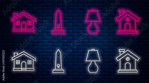 Set line Washington monument, Table lamp, House and House. Glowing neon icon on brick wall. Vector photo