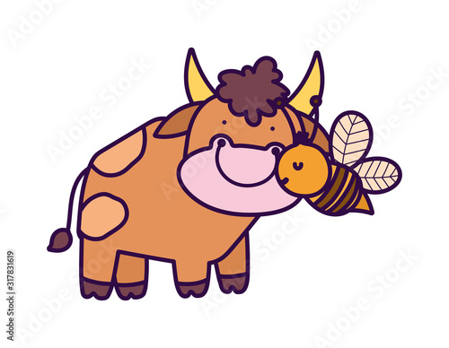 bull and flying bee farm animal cartoon