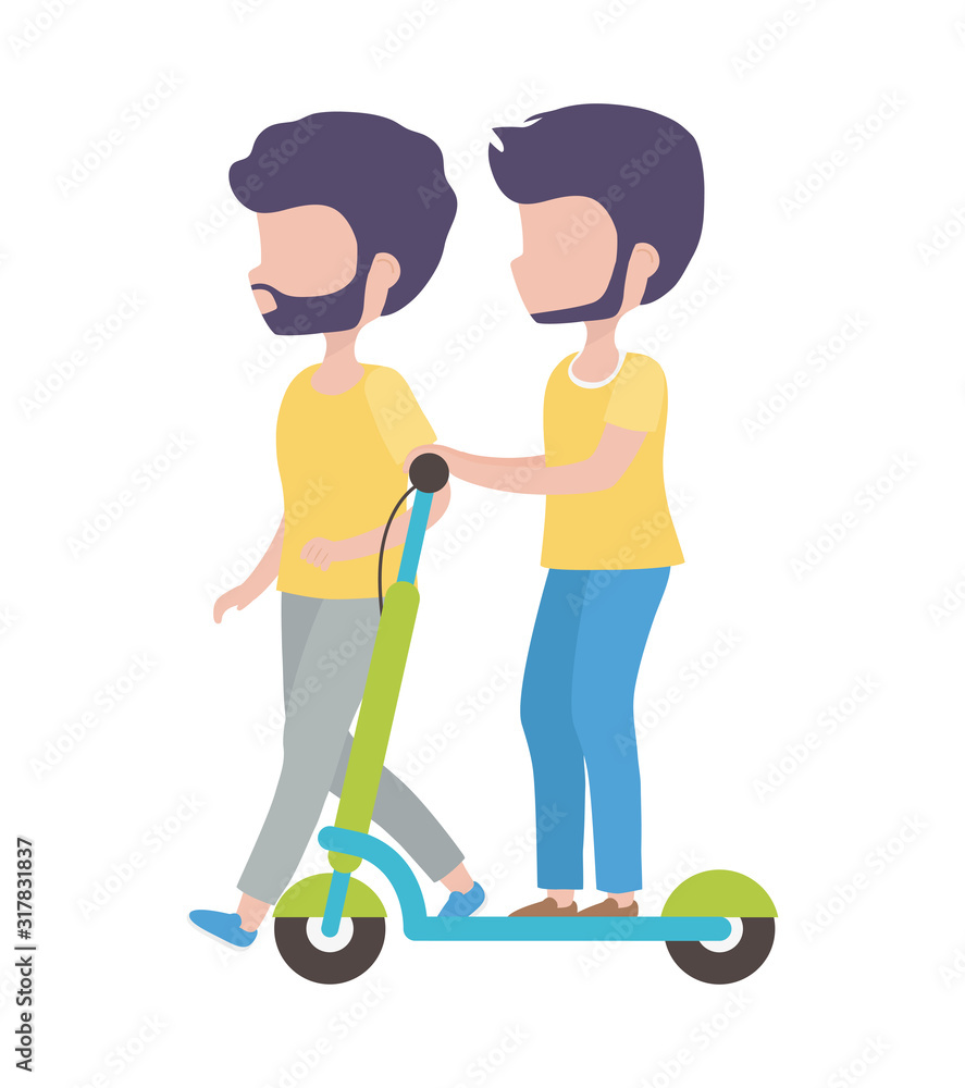 man riding electric scooter and man walking man riding electric scooter and man walking