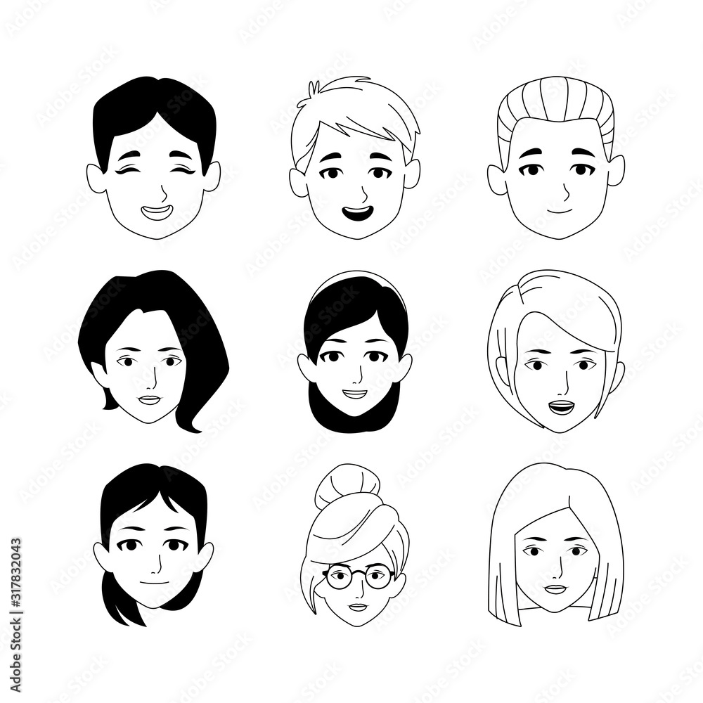 happy kids and women faces icon set, flat design happy kids and women faces icon set, flat design