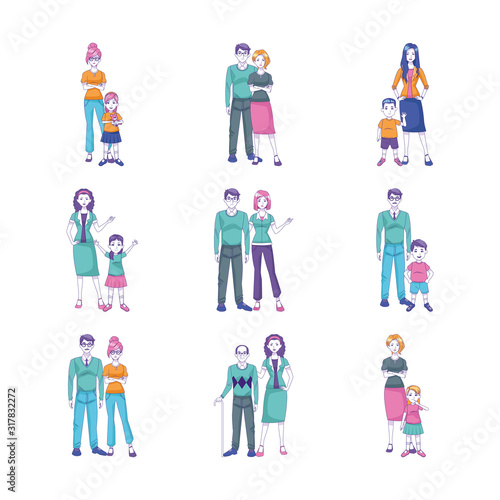 icon set of cartoon people standing with kids, colorful design