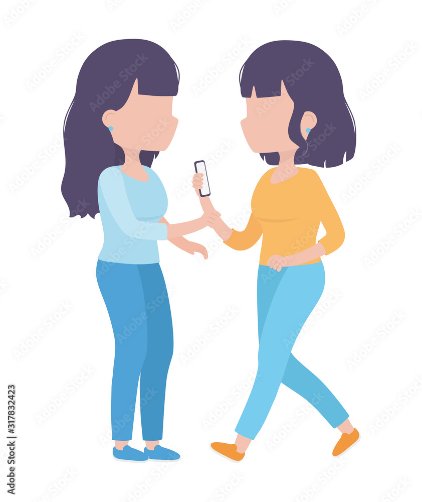 young women with smartphone together character young women with smartphone together character