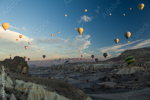 Balloon Flying Rock Landscape Cappadocia Turkey
