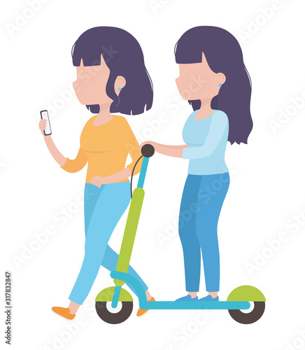 young women with smartphone and electric scooter