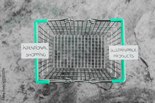 intentional shopping and sustainable products, empty shopping basket with text on it