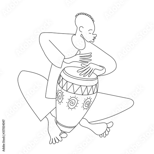 a young street musician plays a rhythmic melody on a conga drum decorated with an African pattern, vector illustration with black contour lines isolated on a white background in a hand drawn style