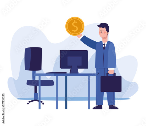 cartoon businessman holding up a money coin and desk with computer