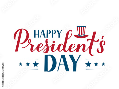 Happy Presidents Day calligraphy lettering isolated on white. American patriotic typography poster. Vector illustration. Easy to edit template for logo design, banner, greeting card, postcard, flyer.