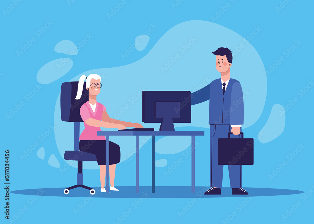 cartoon businessman and woman sitting on office desk with computer