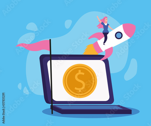laptop computer with money coin and woman on rocket