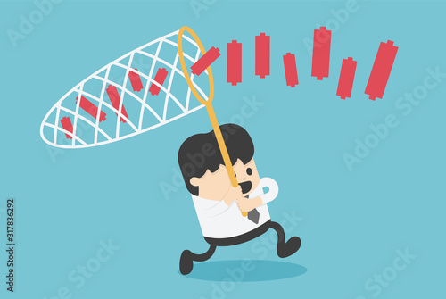 Business concept illustration businessman chasing partner graph with netting