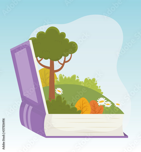 childrens tale book landscape tree flowers grass foliage