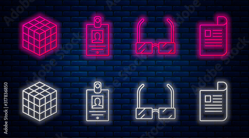 Set line Identification badge, Glasses, Rubik cube and Document. Glowing neon icon on brick wall. Vector