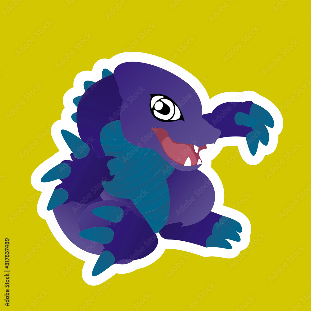 Sticker of Purple Dinosaur Cartoon, Cute Funny Character, Flat Design