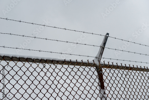 Barbed wire and chain link fence against a grey sky. The fence has three strands of barbed wire on the top and a box chain link on the bottom with one galvanized pole. 