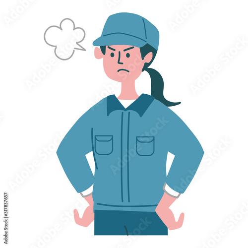 作業服　女性　清掃員　怒っている