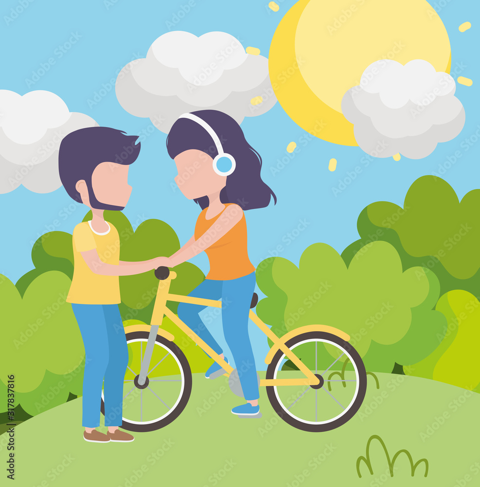 Naklejka premium woman with headphones riding bike and man together