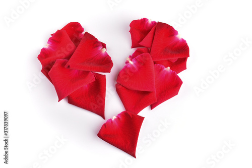 red broken heart of rose petal flower isolated on white background, abstract symbol heartbroken of love problem photo