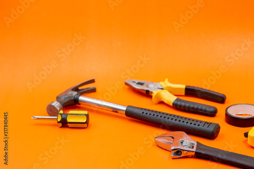 Plakat Mechanic kit tools are on orange background