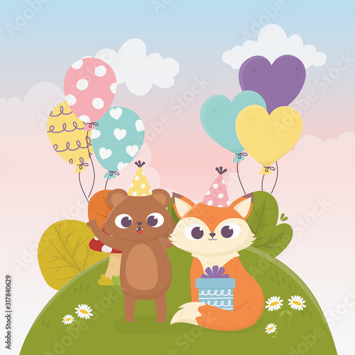 bear fox with gifts balloons flowers celebration happy day © Stockgiu