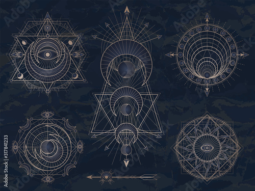 Vector set of Sacred symbols with moon, eye, sun and geometric figures on dark vintage background. Abstract mystic signs collection.
