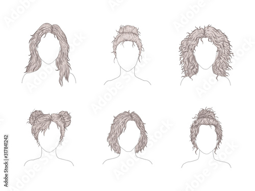 Vector set of six different women hairstyles.