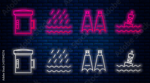 Set line Rain and waves, Rubber flippers for swimming, Big flashlight for diver and Floating buoy on the sea. Glowing neon icon on brick wall. Vector