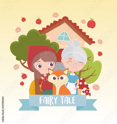 little red riding hood granny and wolf fairy tale cartoon