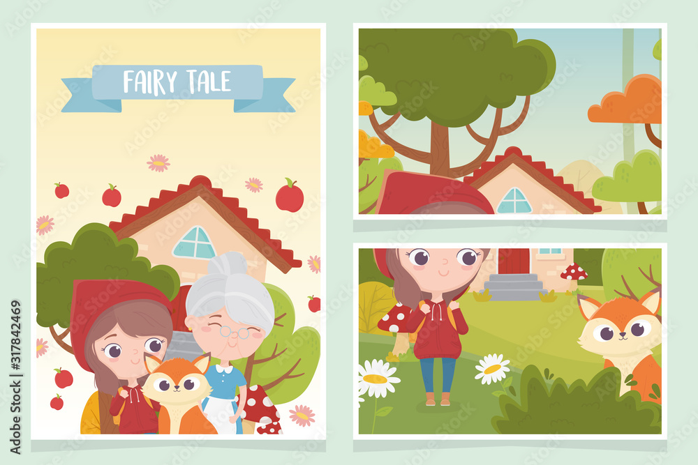 little red riding hood grandma wolf house forest tree flowers fairy tale