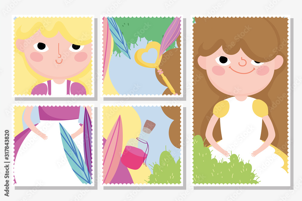 cute girls with fragrance bottle and key nature foliage children character cards cute girls with fragrance bottle and key nature foliage children character cards