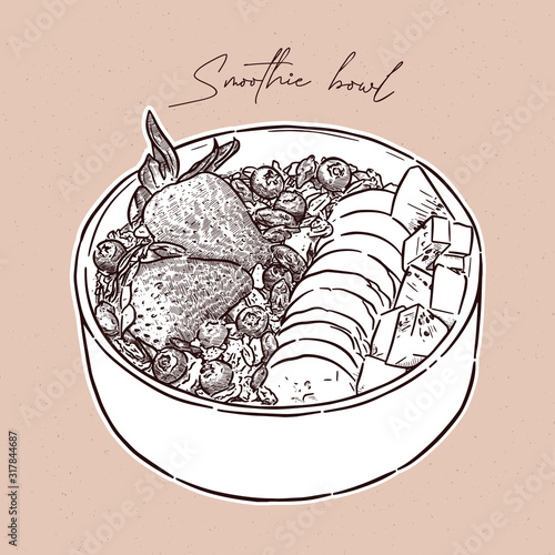 smoothie breakfast bowl, topped with strawberry, blueberry, kiwi, banana and glanola. hand draw sketch vector.
