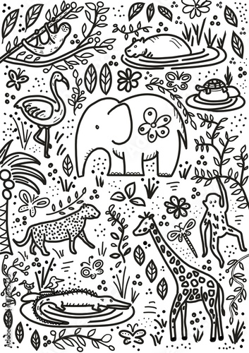 Animals painted by child. Safari Zoo park - kids sketchbook with doodles. Black outlines on white background.  © olga