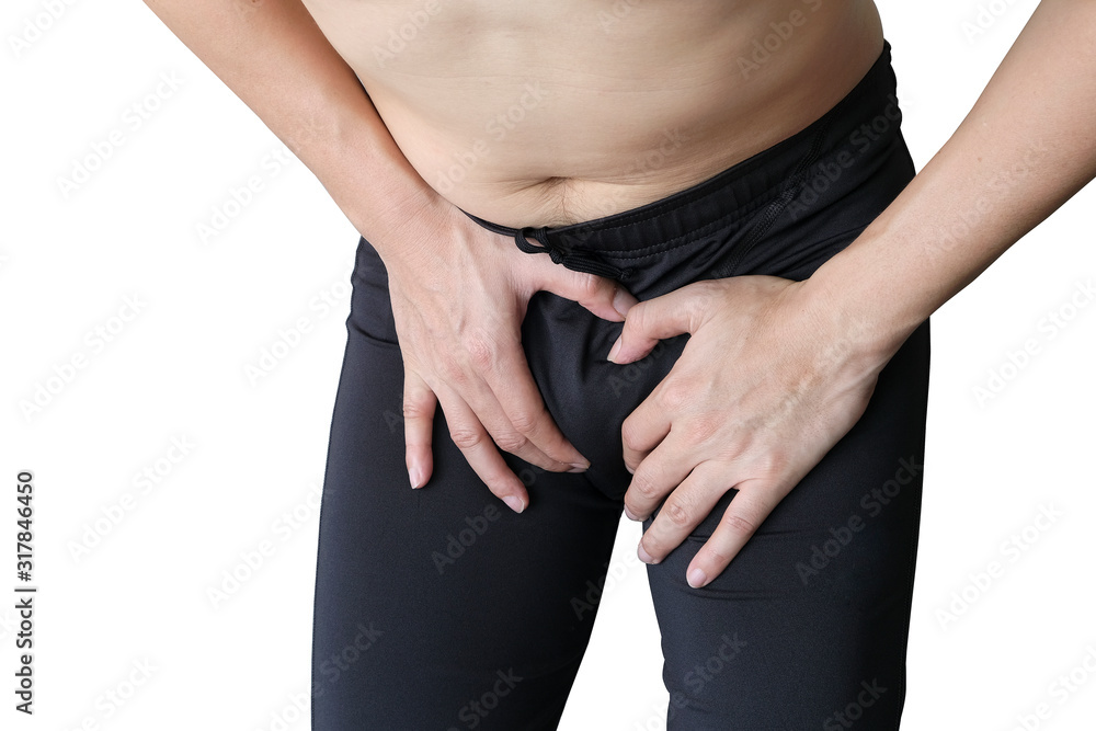 Man pressing stomach, men is painful bladder inflammation on white background health concept.