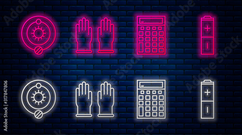 Set line Rubber gloves, Calculator, Solar system and Battery. Glowing neon icon on brick wall. Vector