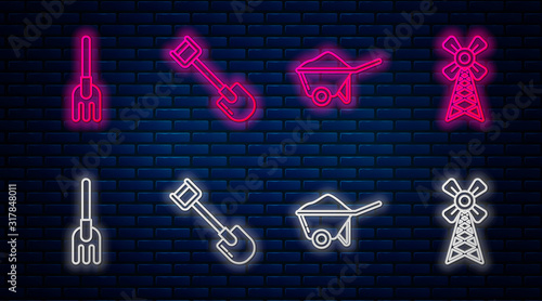 Set line Shovel, Wheelbarrow with dirt, Garden rake and Windmill. Glowing neon icon on brick wall. Vector