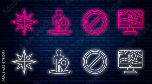 Set line Map marker with a silhouette of a person, Stop sign, Wind rose and Monitor and folded map with location. Glowing neon icon on brick wall. Vector