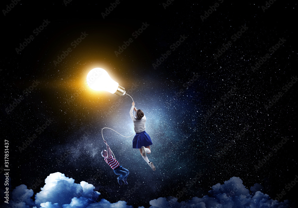 Naklejka premium Child fly on aerostat. Mixed media