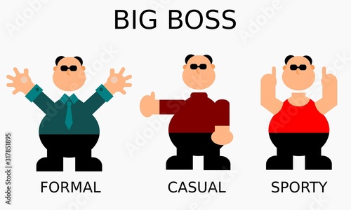 Illustration vector graphic of Big Boss Character With Formal Casual and Sporty Styles