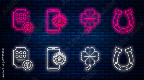 Set line Online poker table game, Four leaf clover, Online slot machine and Horseshoe. Glowing neon icon on brick wall. Vector