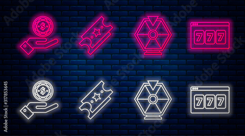 Set line Lottery ticket, Lucky wheel, Hand holding casino chips and Online slot machine with lucky sevens jackpot. Glowing neon icon on brick wall. Vector