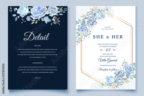 romantic blue wedding floral and leaves card