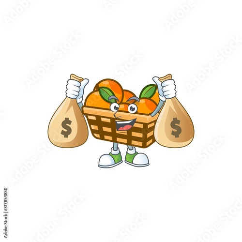 A picture of rich basket oranges cartoon character with two money bags